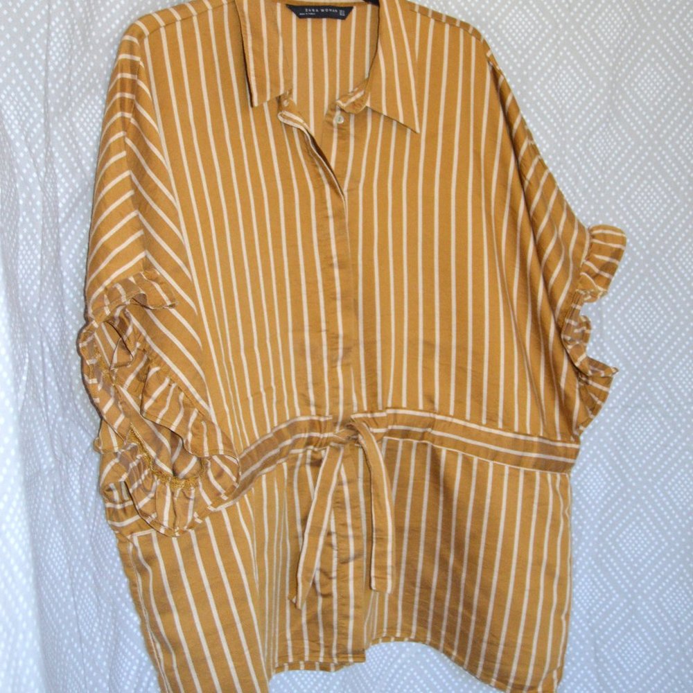 Zara - Gold Striped Kimono Blouse with Drawstring Waist, XL